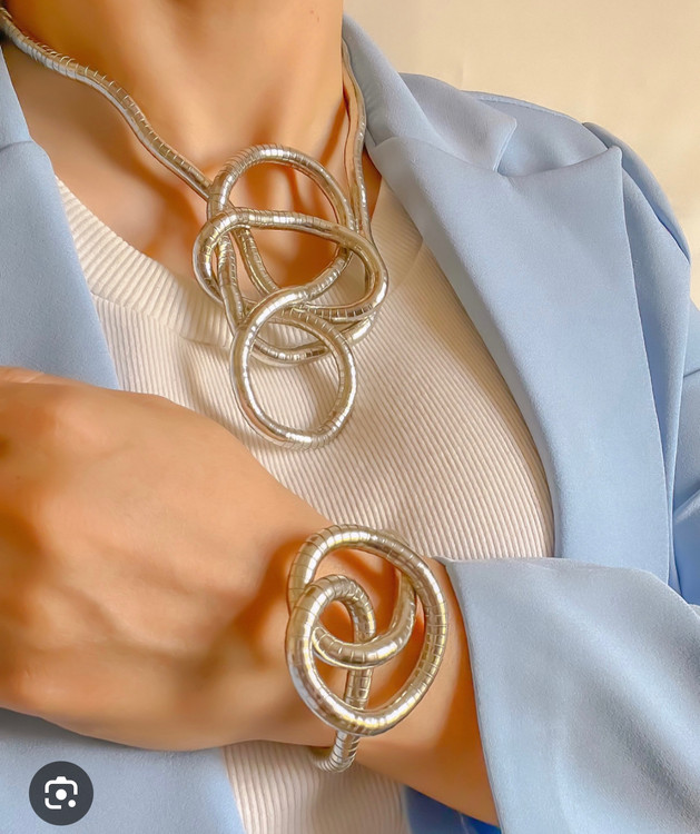 گردنبند و دستبند مینیمال منعطف ماری نقره ای آبکاری سنگین رادیوم