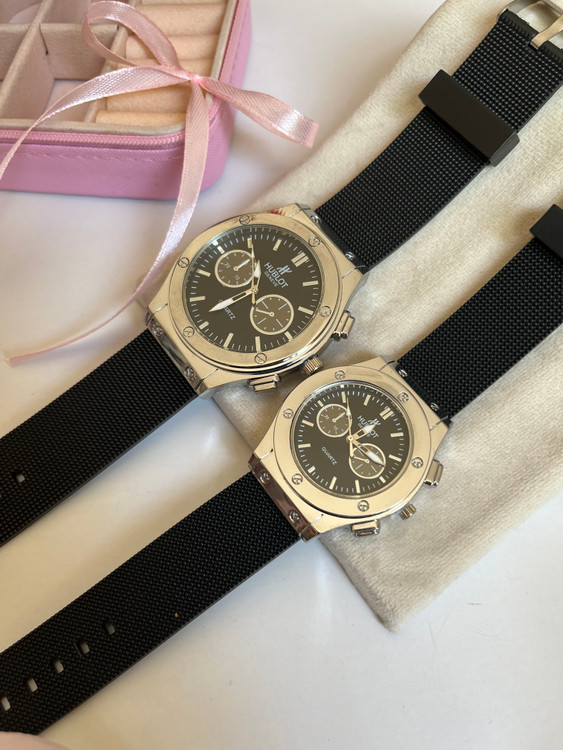 ساعت مچی هابلوت ست دوتایی مردانه و زنانه صفحه مشکی بند مشکی